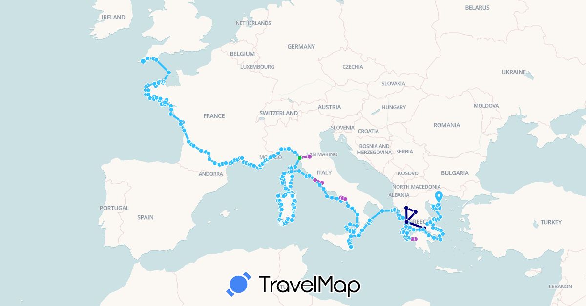 TravelMap itinerary: driving, bus, train, boat in France, United Kingdom, Guernsey, Greece, Italy, Monaco (Europe)